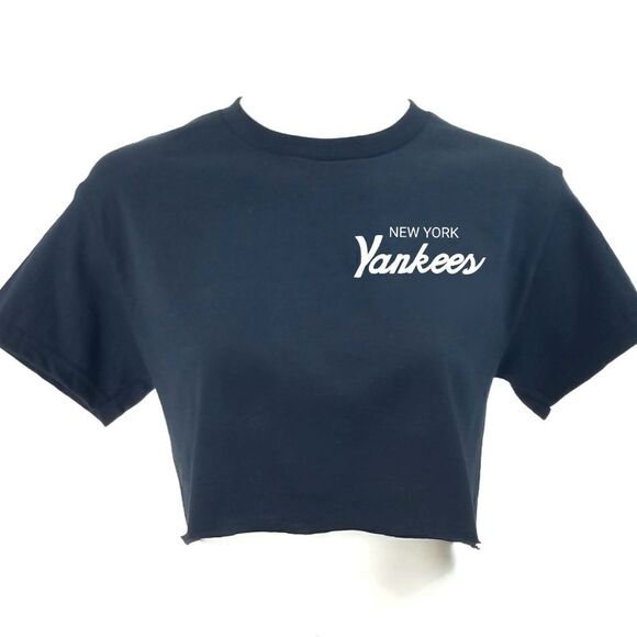 NEW YORK YANKEES Double Script Retro Logo MLB "Cropped" Crop Top Baseball Tee - Picture 1 of 6